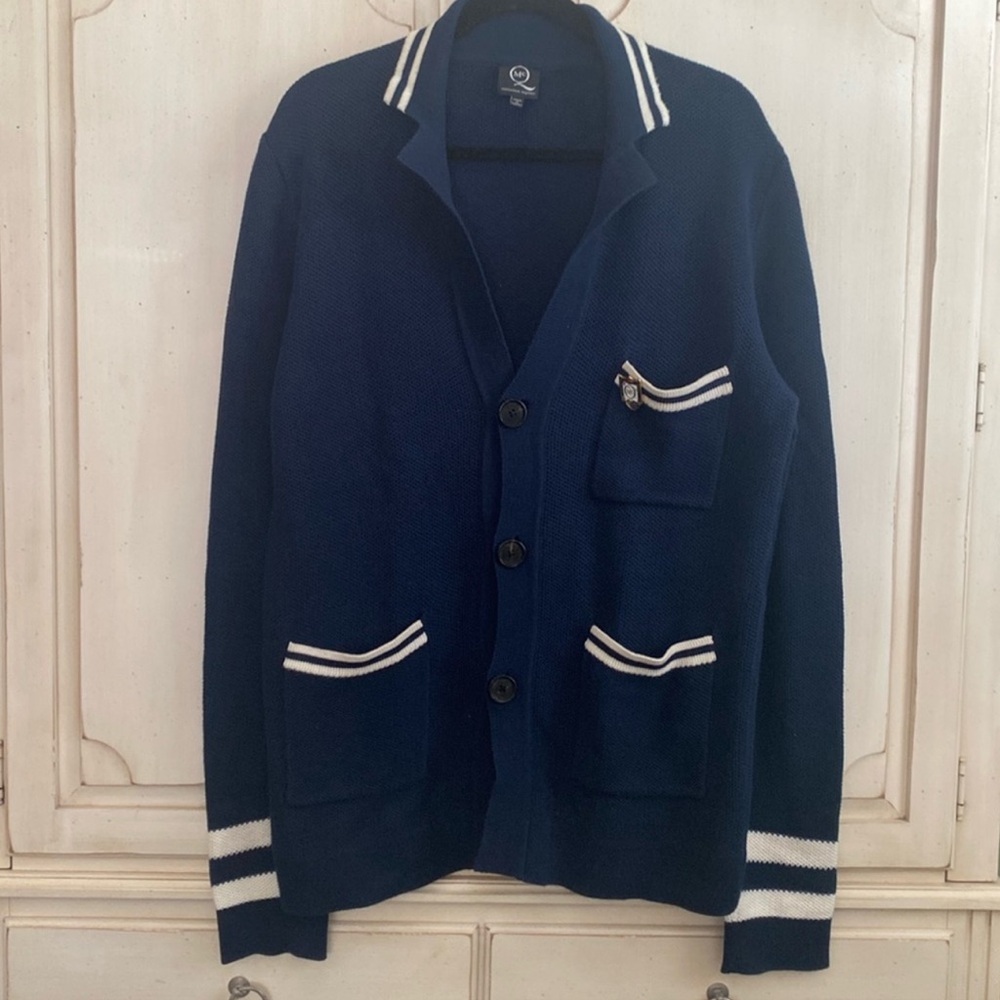 Alexander McQueen Dark Blue Cardigan with Cream Stripes